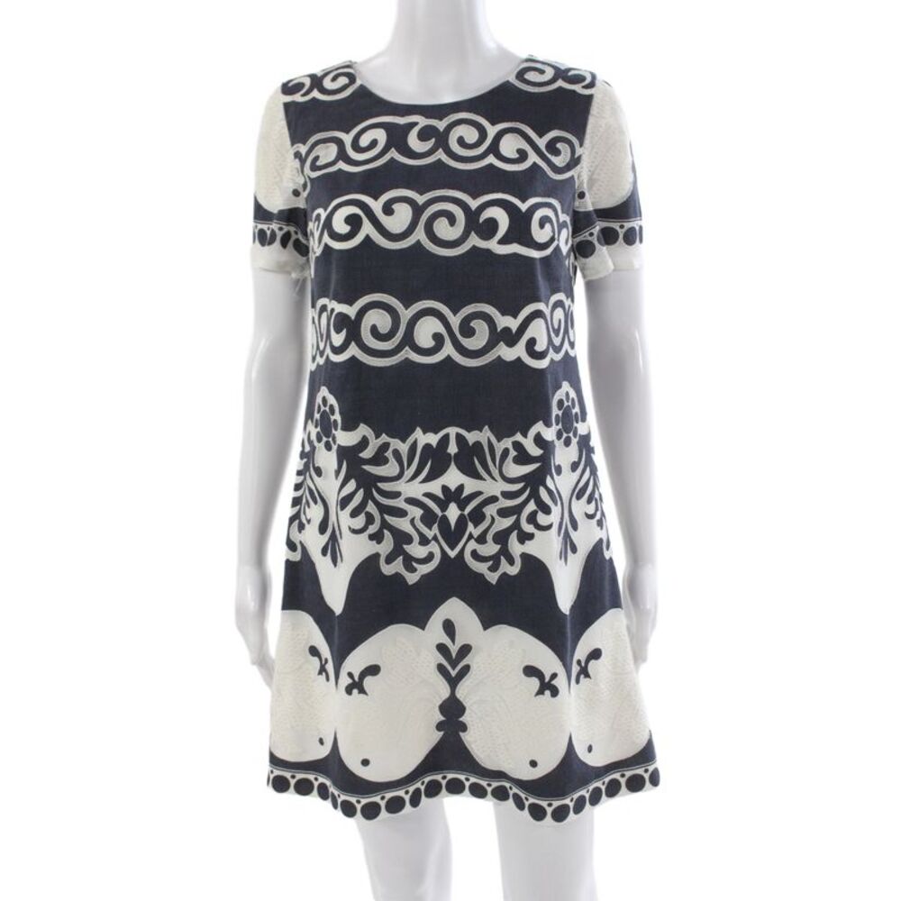 J Crew Women Shift Dress Blue Geometric Cotton Knee-Length Size 4P